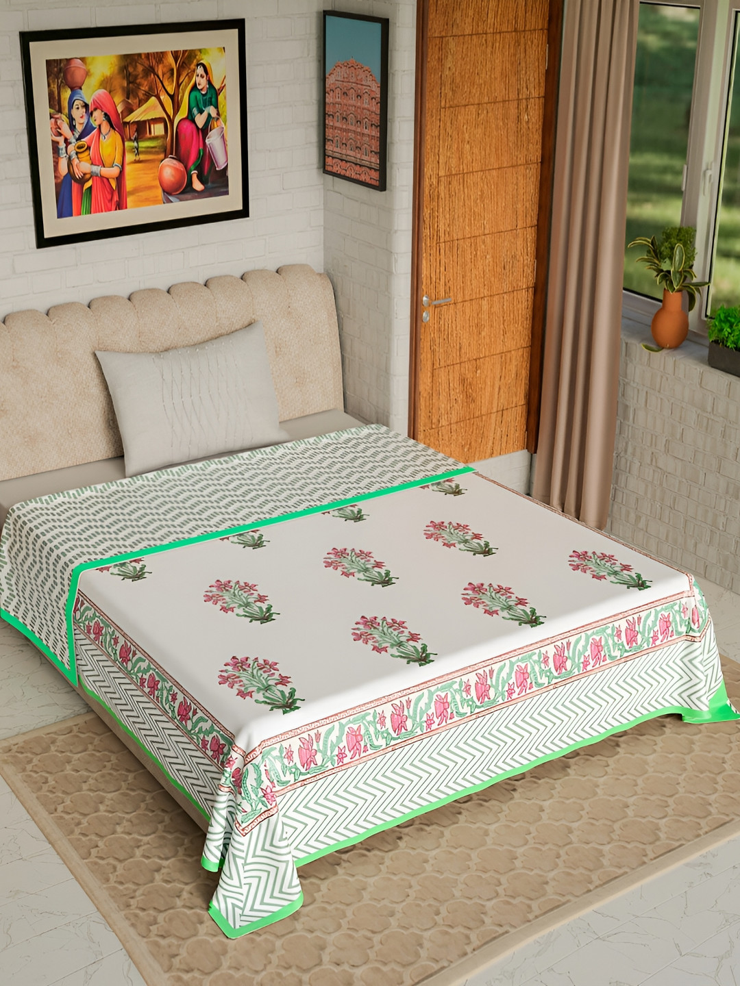 Jaipur Dohar Green & Off White Floral Cotton AC Room 150 GSM Single Bed Dohar