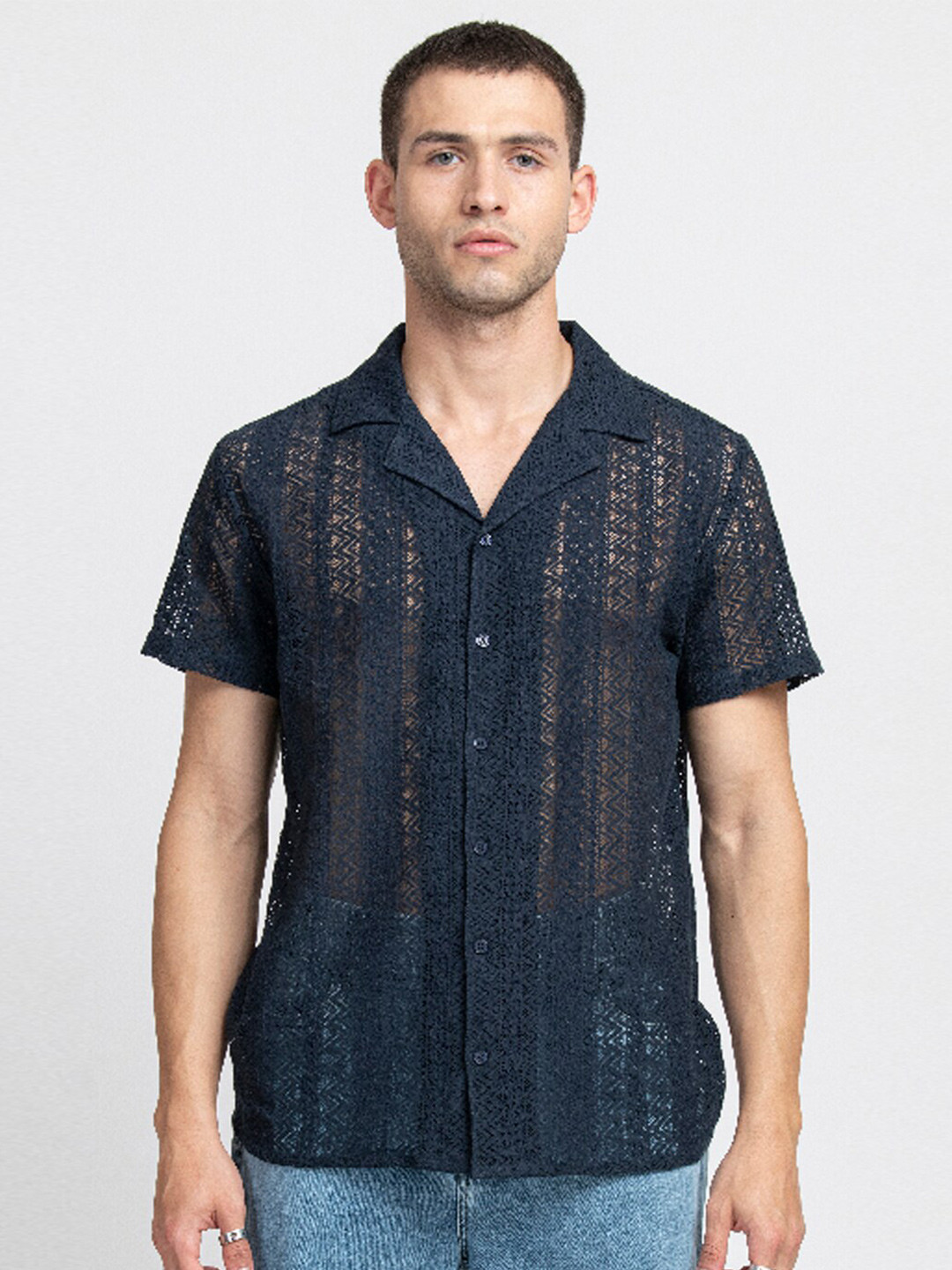 KISSOSS Classic Self Design Short Sleeves Lace Casual Shirt