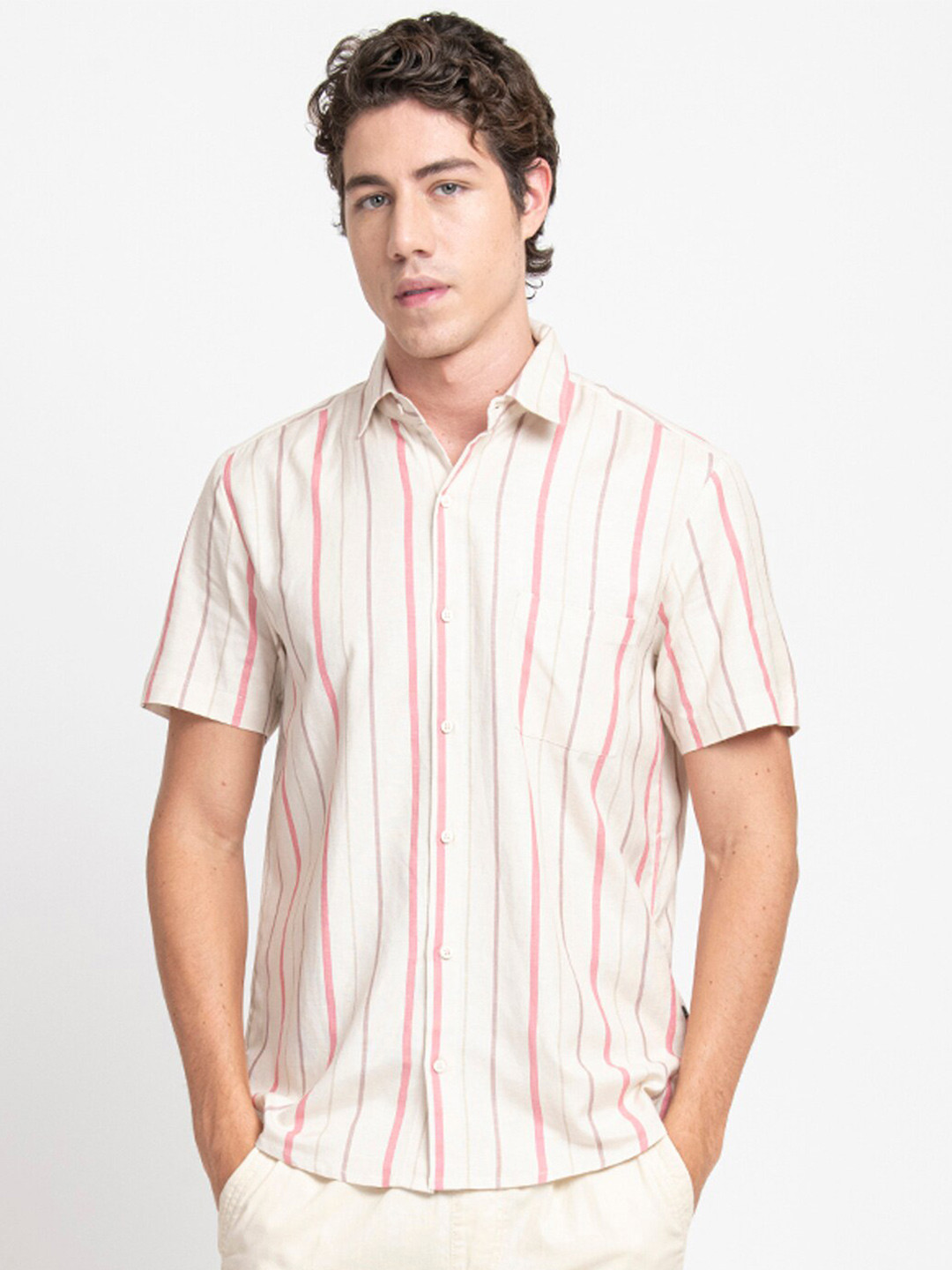 KISSOSS Spread Collar Classic Slim Fit Striped Casual Shirt