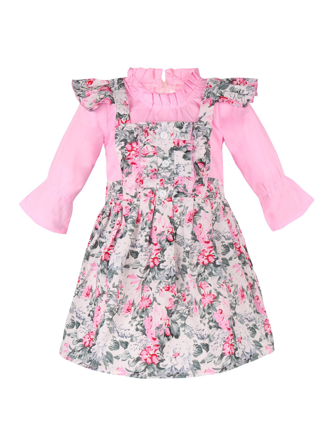Wish Karo Girls Floral Printed High Neck Bell Sleeves Ruffles Silk Satin Fit & Flare Dress