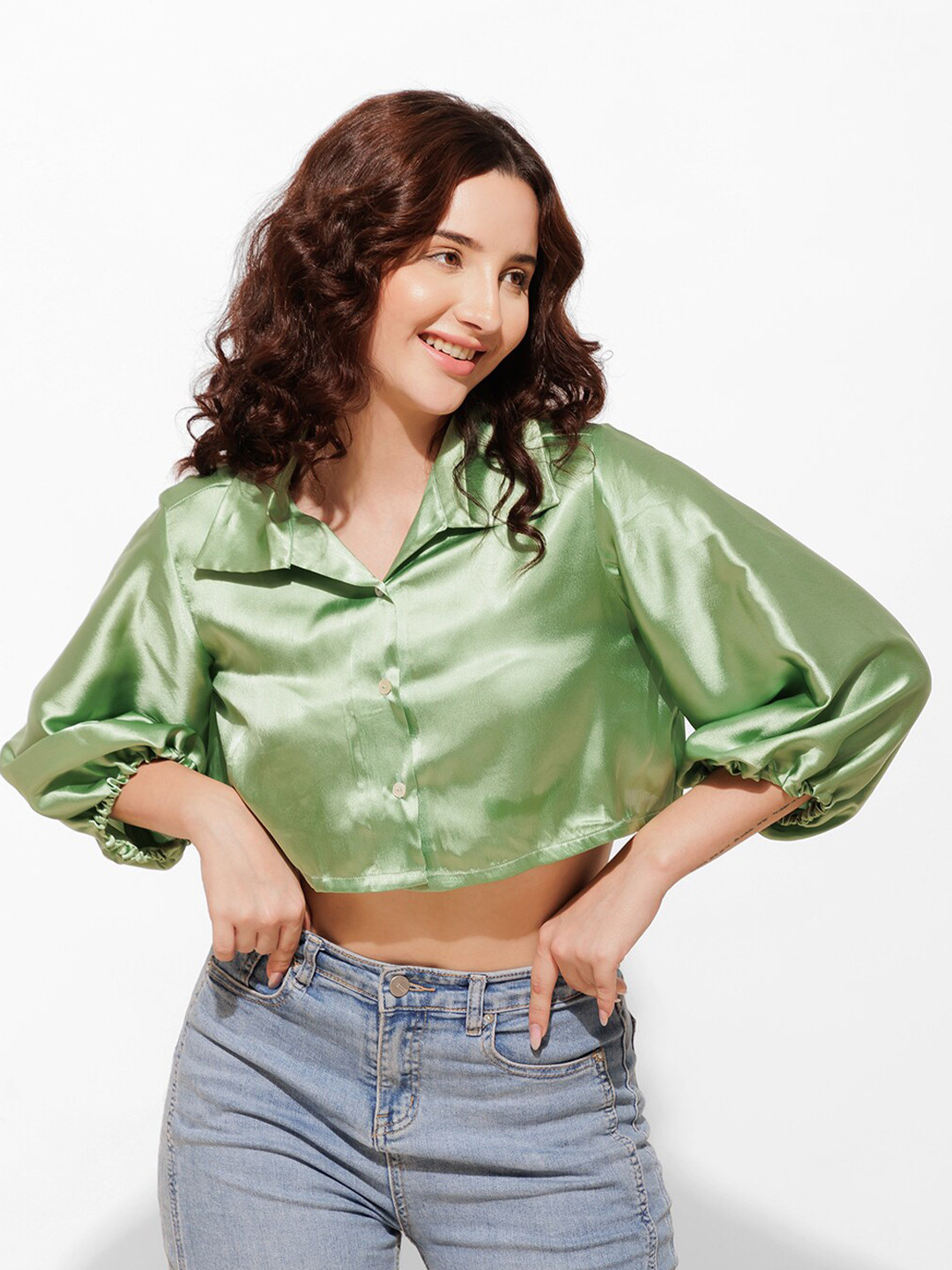 Urban Sundari Shirt Collar Puff Sleeves Satin Crop Shirt Style Top