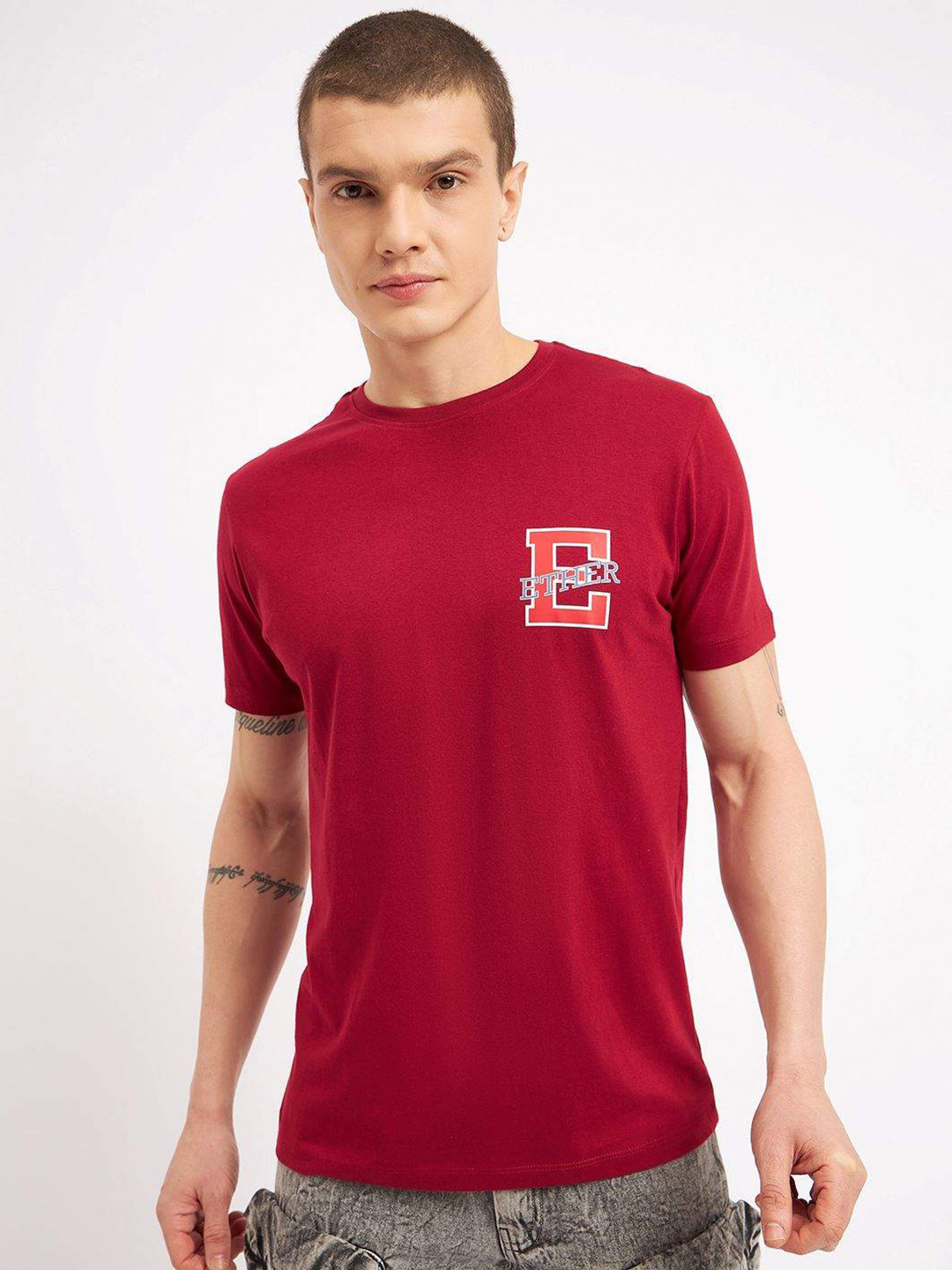 ether Maroon Brand Logo Printed Pure Cotton T-shirt