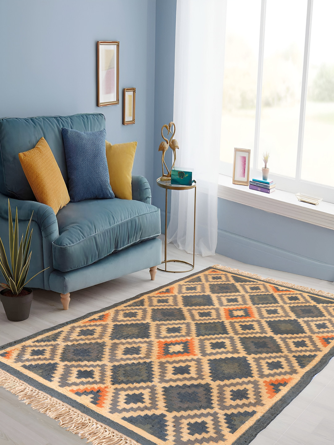 PEQURA Ornage& Black Ethnic Motifs Handmade Woollen Carpet