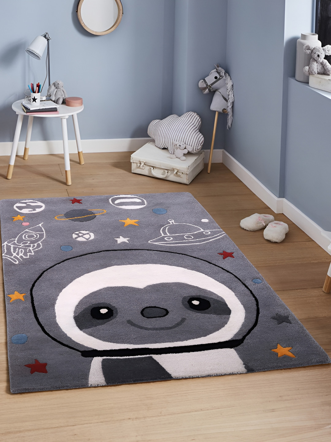 PEQURA Grey & White Cartoon Character Handmade Woollen Carpet