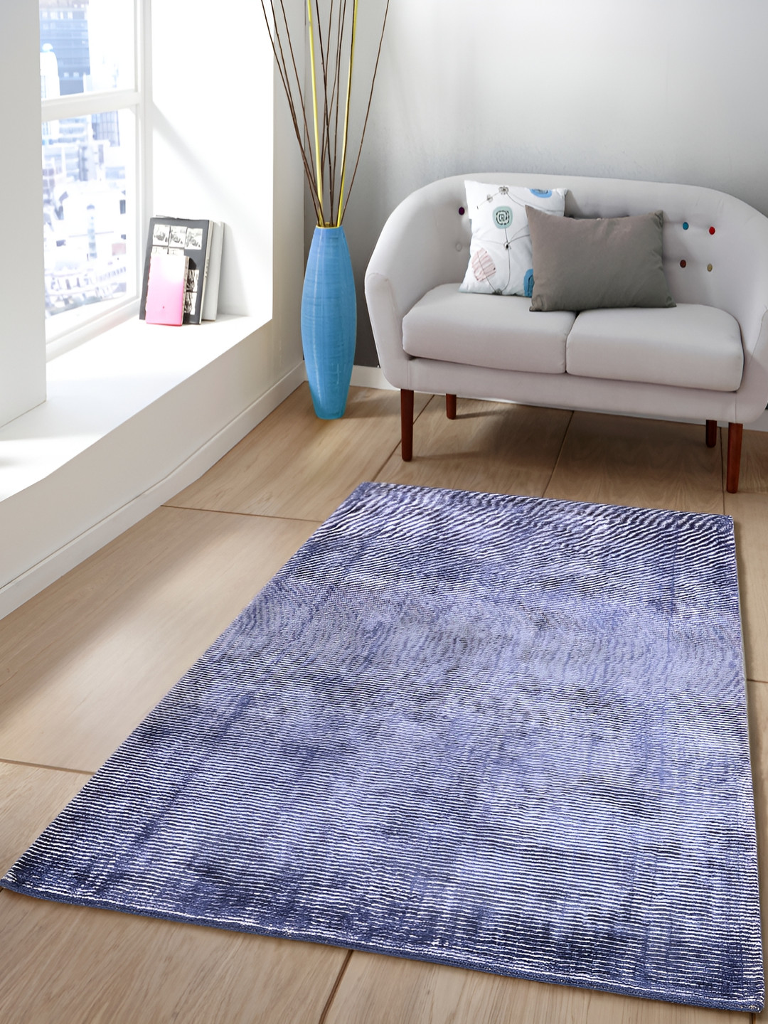 PEQURA Blue &Whit Stripped Handmade Woollen Carpet