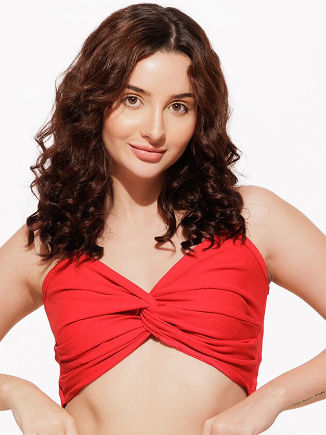 Urban Sundari Shoulder Strap Twisted Fitted Crop Top