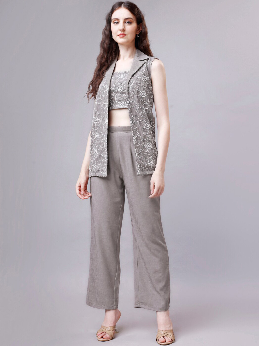 HOUSE OF MIRA Embroidered Cuban Collar Linen Top & Flared Trousers With Jacket Co-Ords