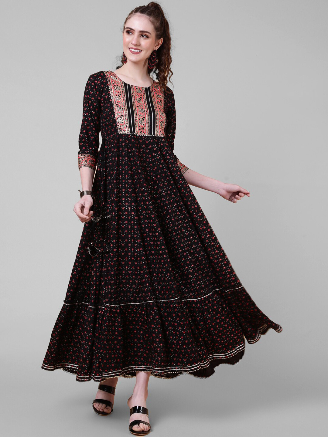 AADAT Ethnic Motifs Printed Gotta Patti Fit & Flare Ethnic Dress