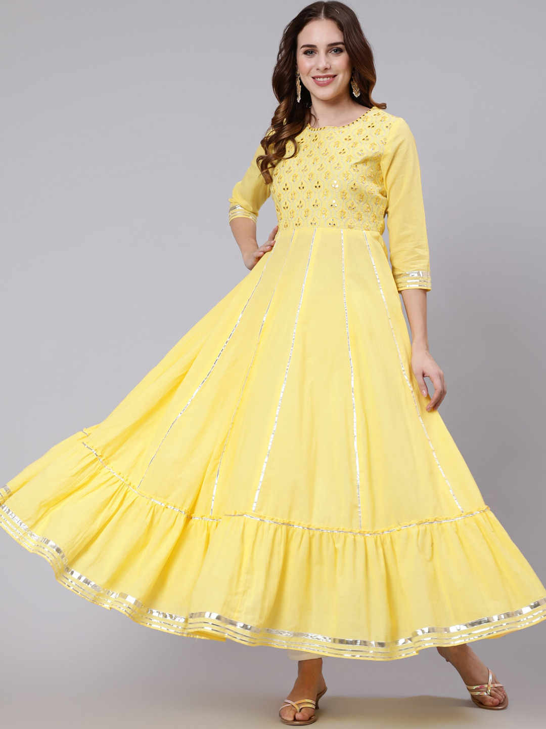 AADAT Floral Yoke Design Mirror Work Cotton Anarkali Kurta