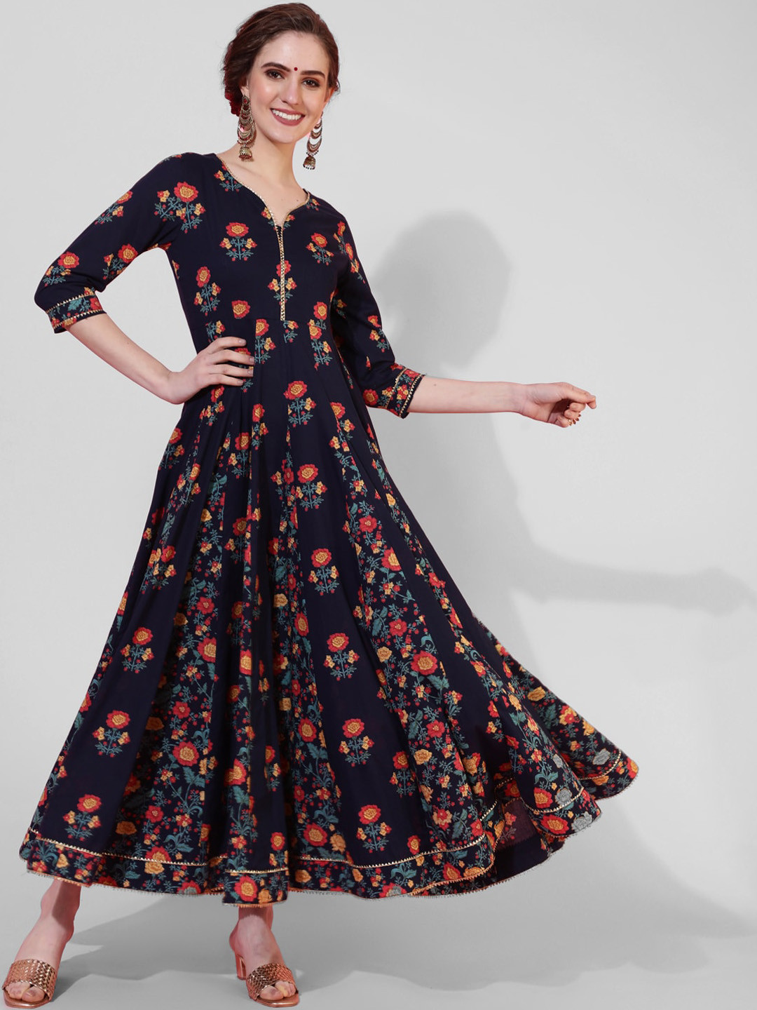 AADAT Ethnic Motifs Printed V-Neck Gotta Patti Cotton Fit & Flare Ethnic Dress