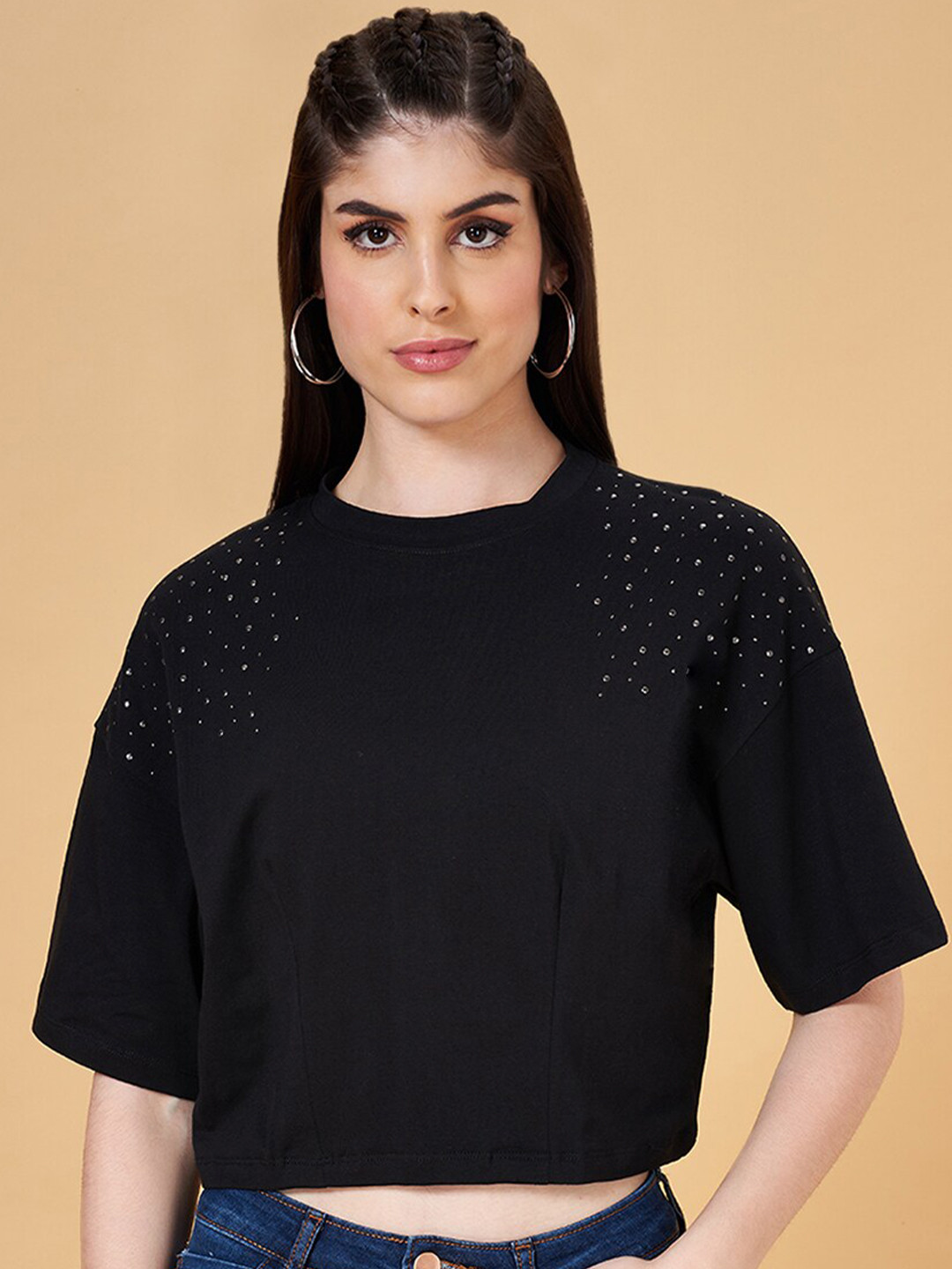 SF JEANS by Pantaloons Drop-Shoulder Sleeves Cropped Cotton Casual T-shirt