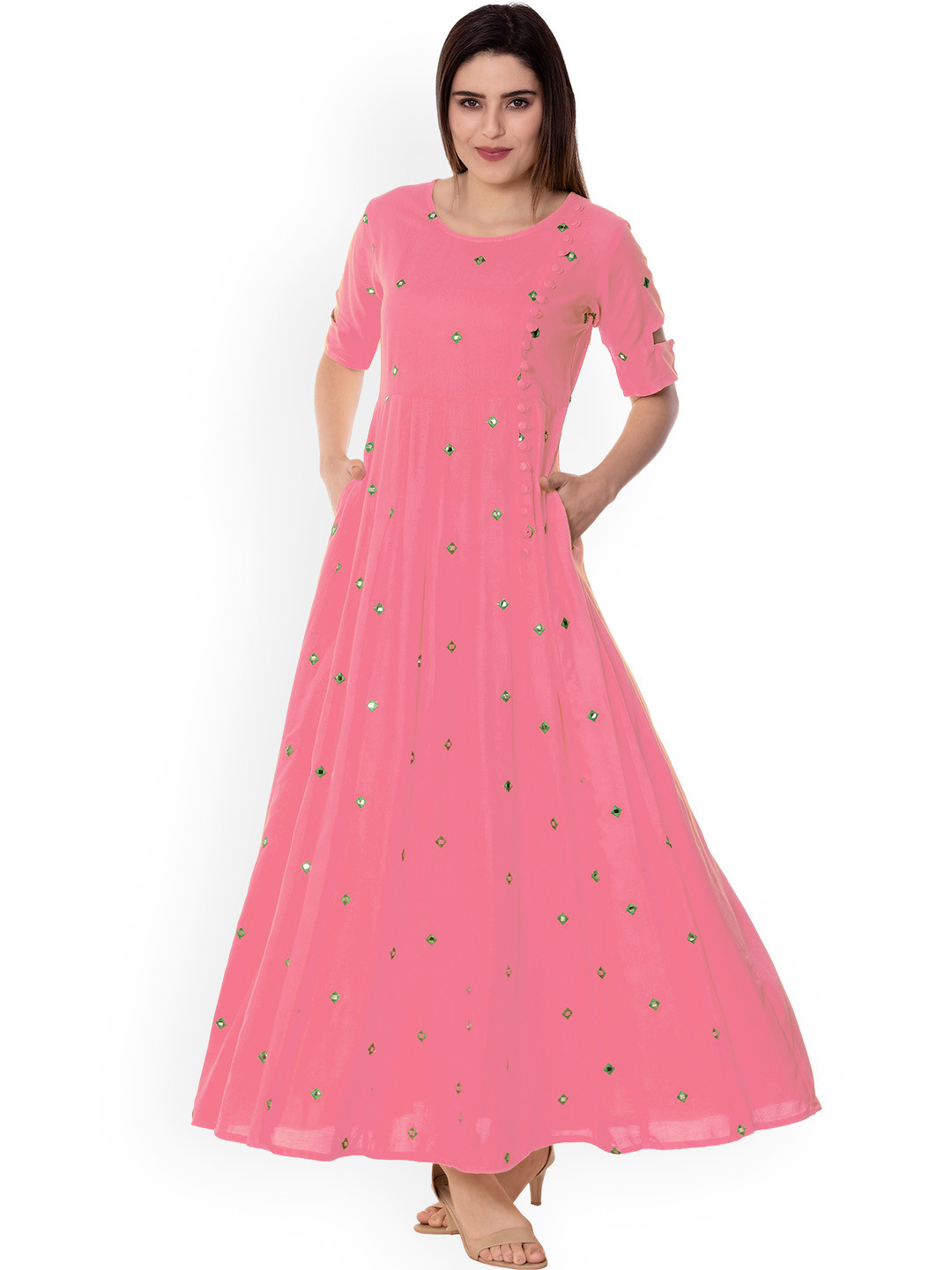 Arayna Ethnic Motifs Embroidered Mirror Work Maxi Ethnic Dress