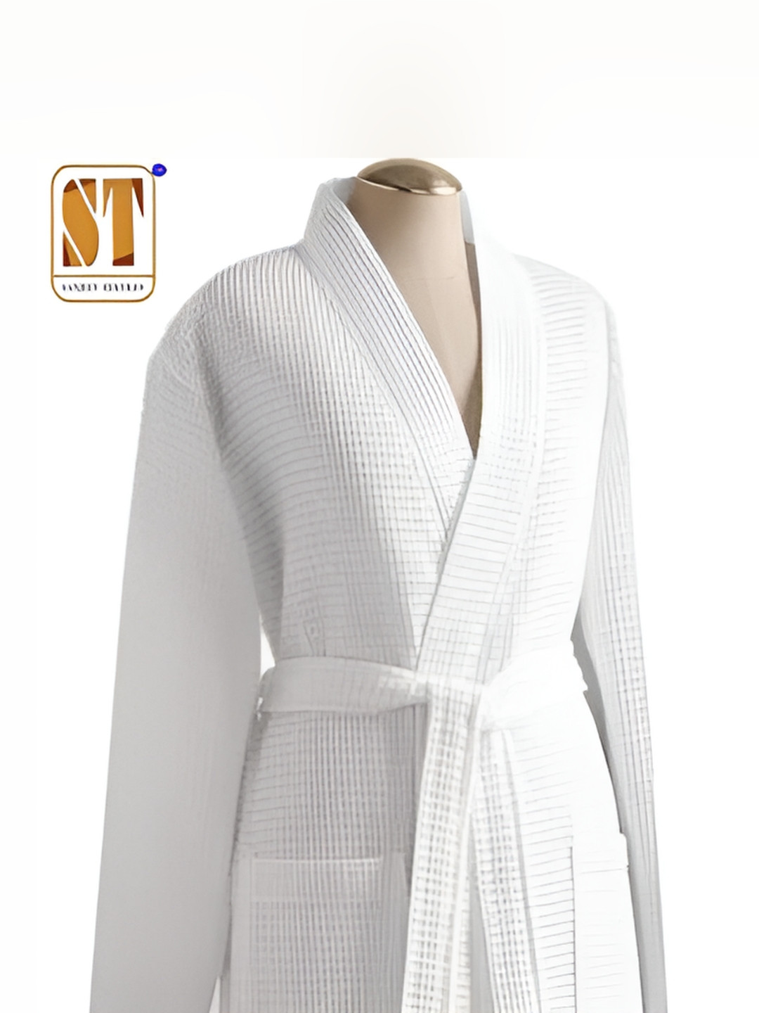 Sanjeev Textiles Waffle White Self Design Cotton Drawstring Midi Bath Robe-M
