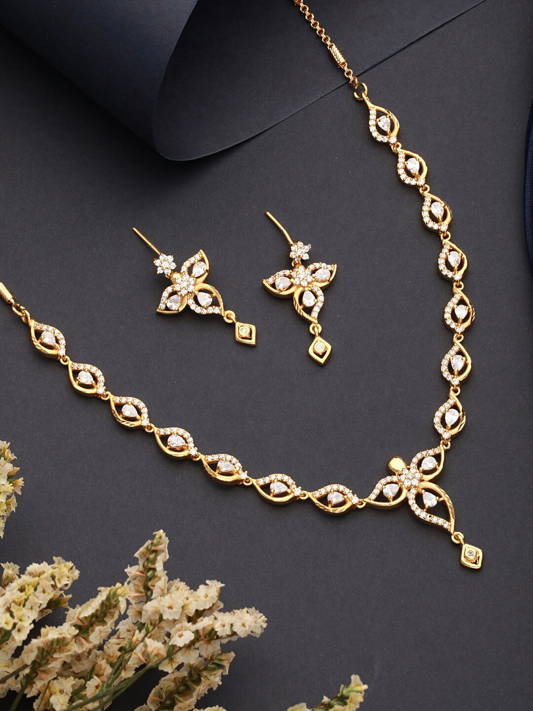 Saraf RS Jewellery Gold-Plated American Diamond Stones Studded Floral Minimal Jewellery Set