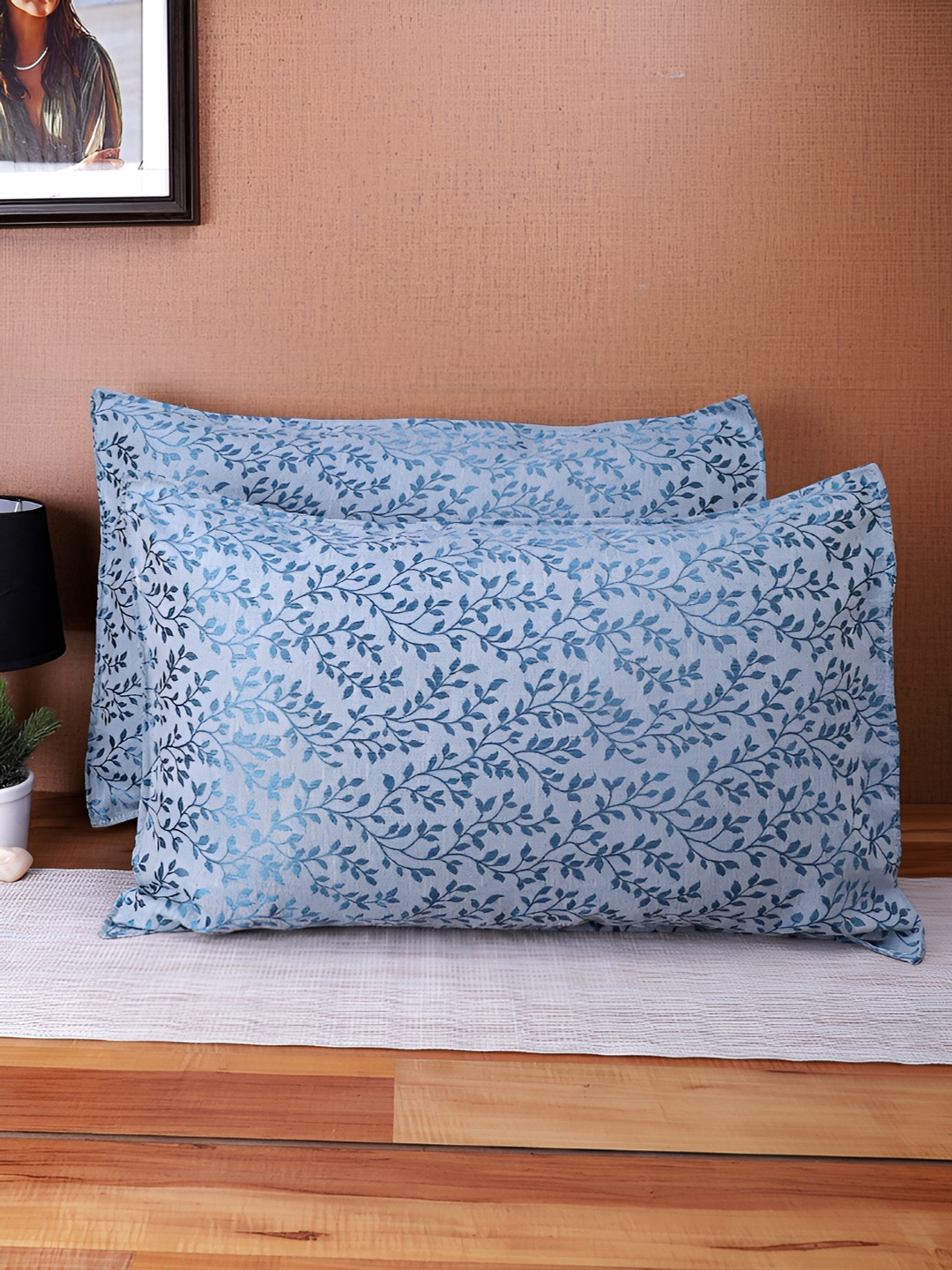 THE CONVERSION Blue 2 Pieces Jacquard Pure Cotton Rectangle Pillow Covers