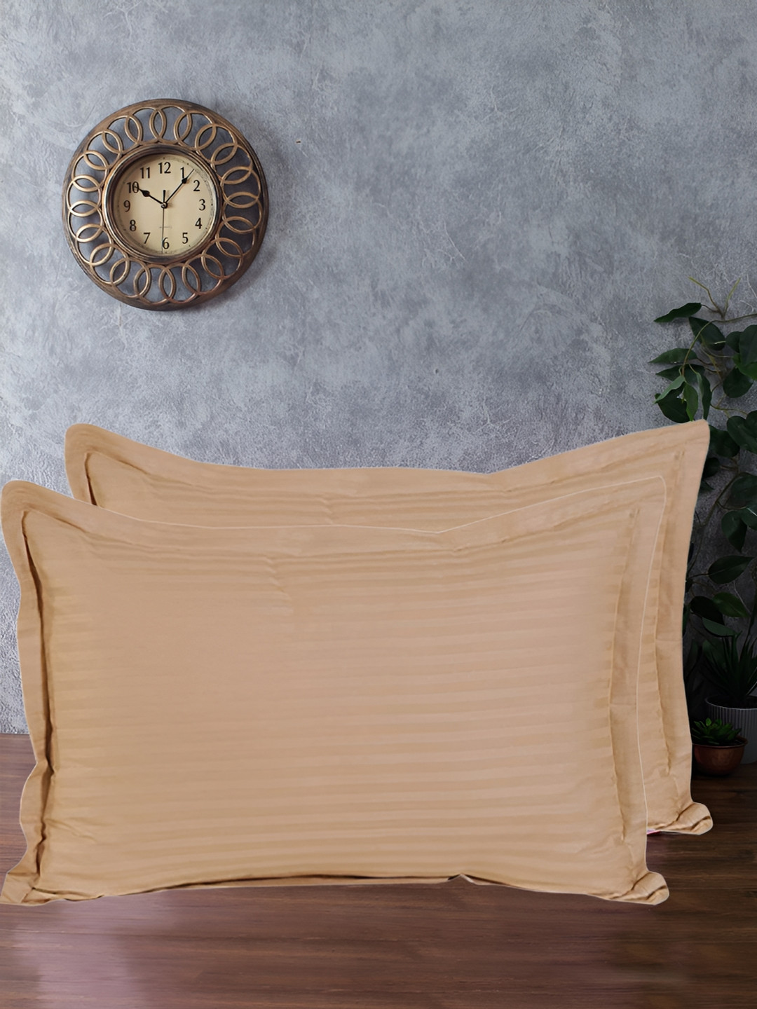 THE CONVERSION Beige 2 Pieces Self Design Pure Cotton Rectangle Pillow Covers