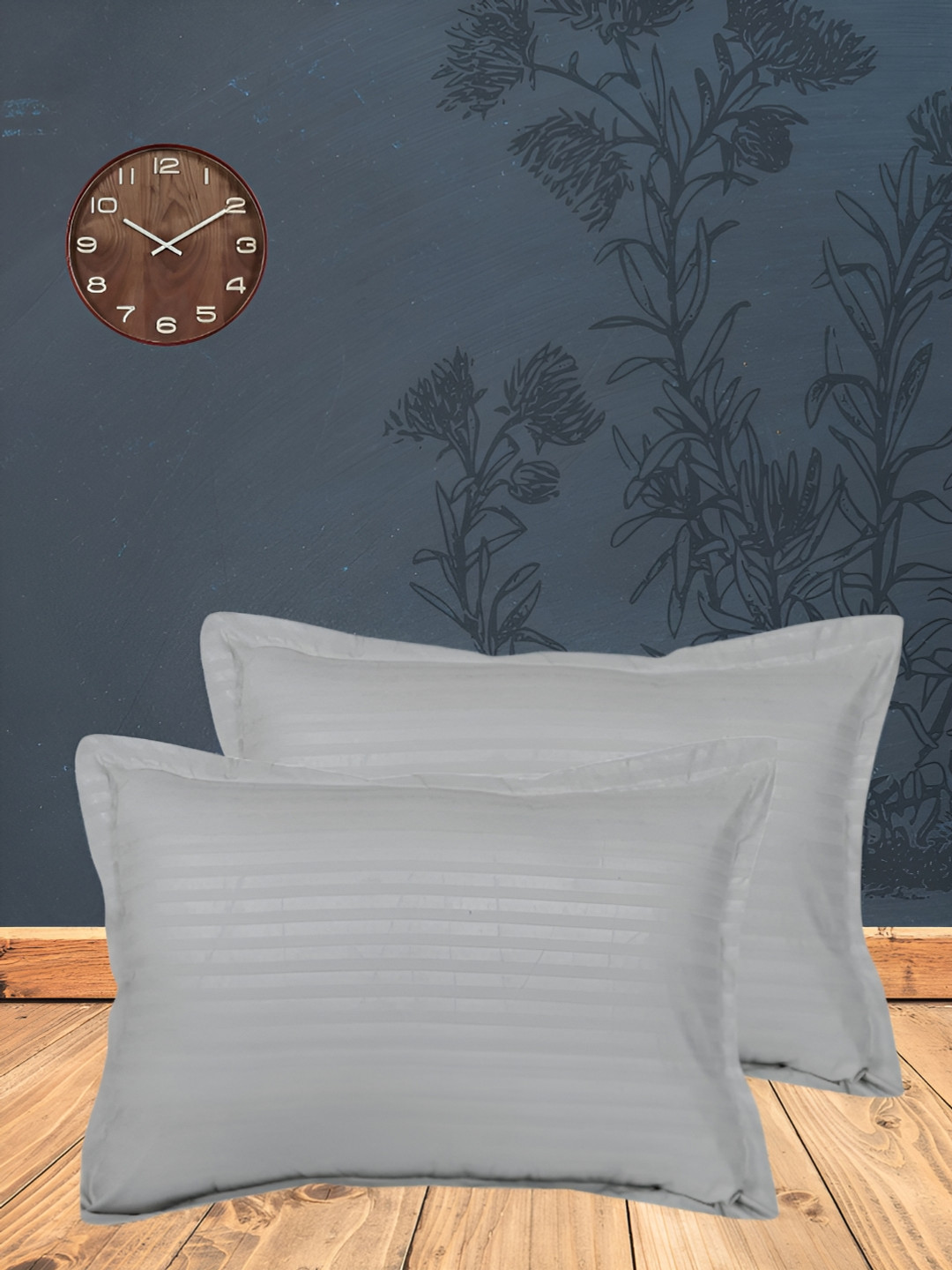 THE CONVERSION Grey 2 Pieces Self Design Pure Cotton Rectangle Pillow Covers