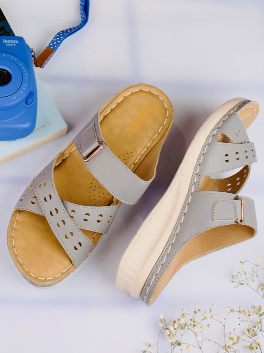 The Roadster Lifestyle Co. Grey & Beige Laser Cuts Open Toe Flats