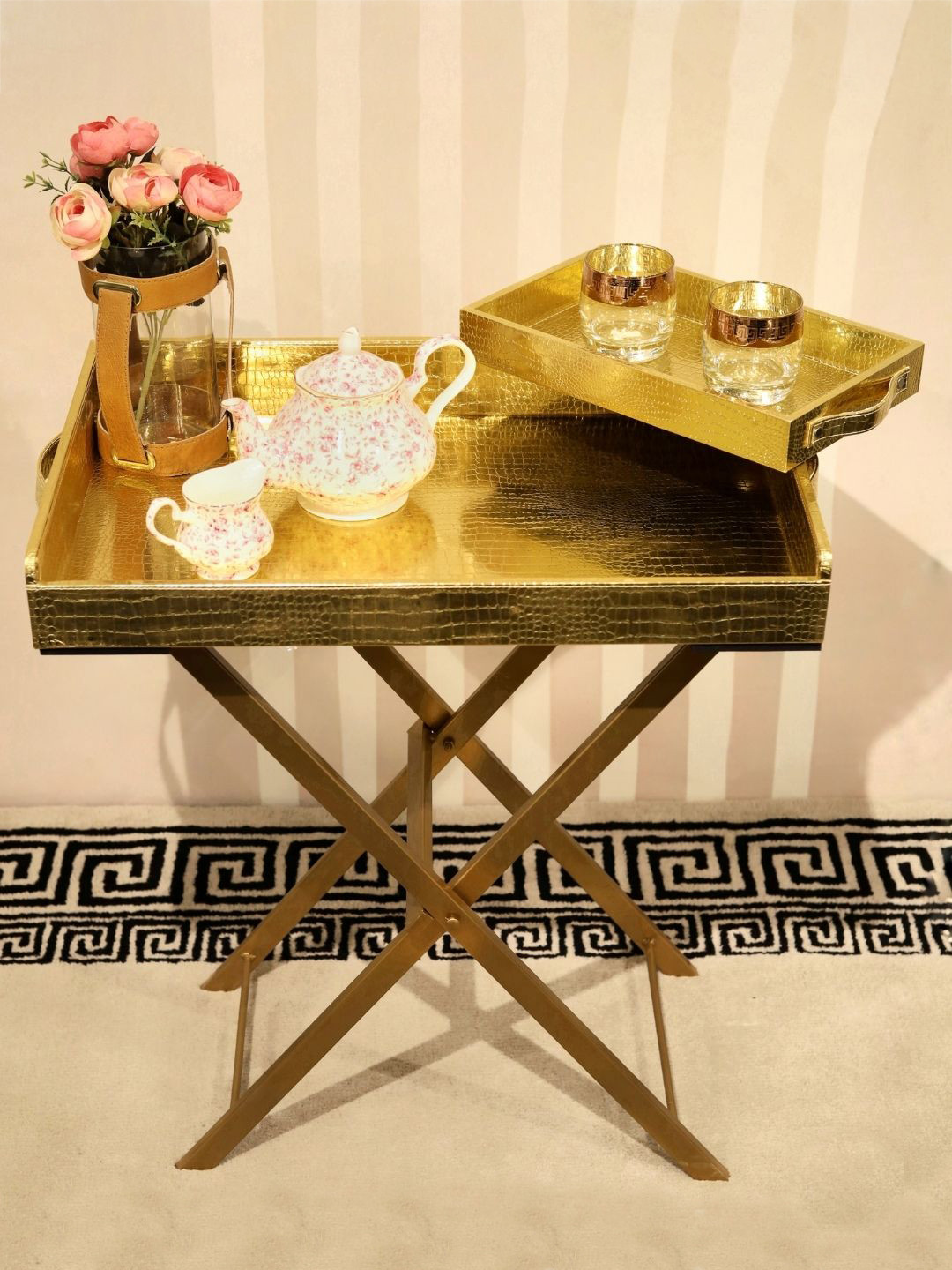 CasaGold Gold-Toned 2Pcs  Wooden Butler Tray