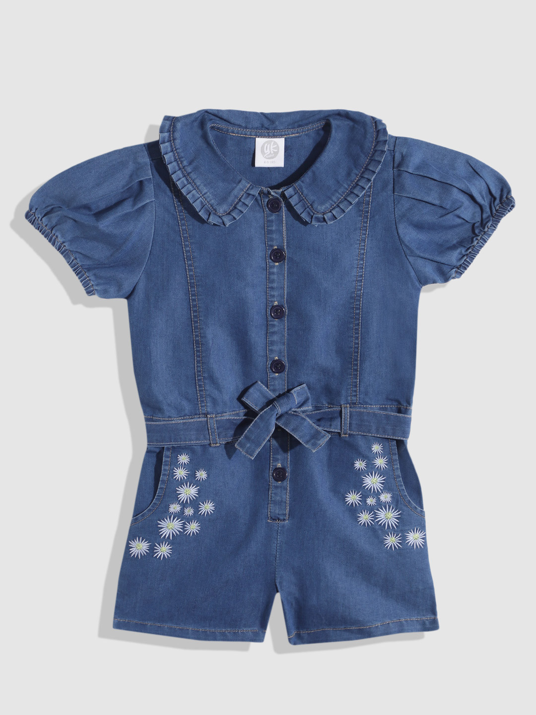 YK Girls Puff Sleeves Peter Pan Collar Playsuit with Embroidered Detail & Belt