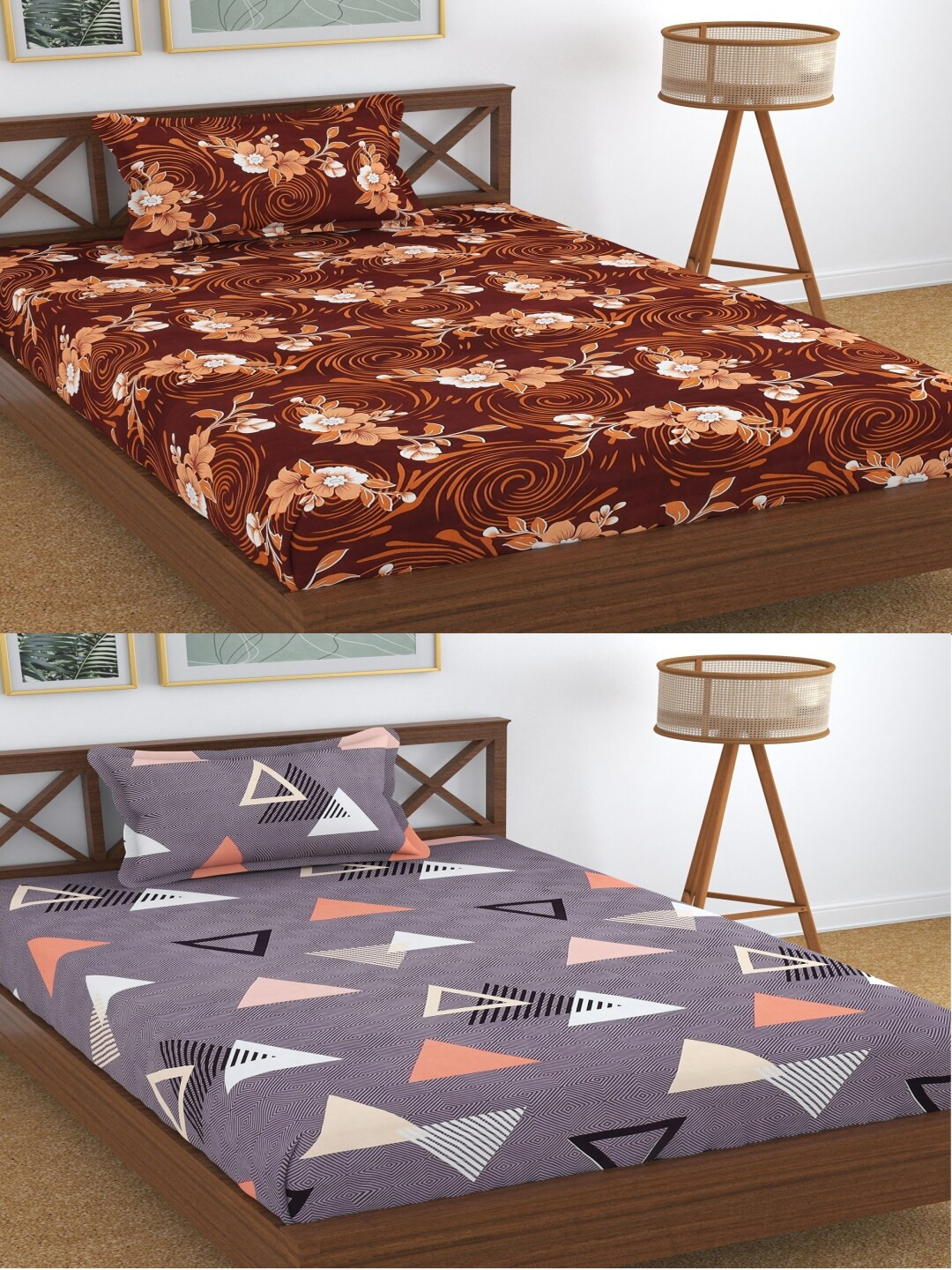 Aura Dreams Purple Geometric Microfiber 180 TC Single Fine 2 Bedsheet with 2 Pillow Covers-89 x 57 inches