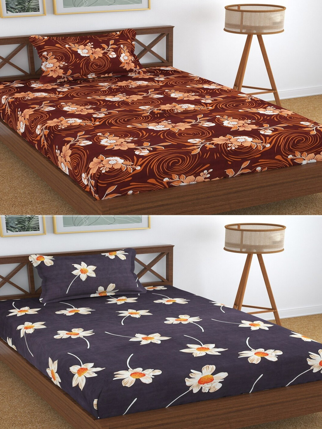 Aura Dreams Brown Floral Microfiber 180 TC Single Fine 2 Bedsheet with 2 Pillow Covers-89 x 57 inches