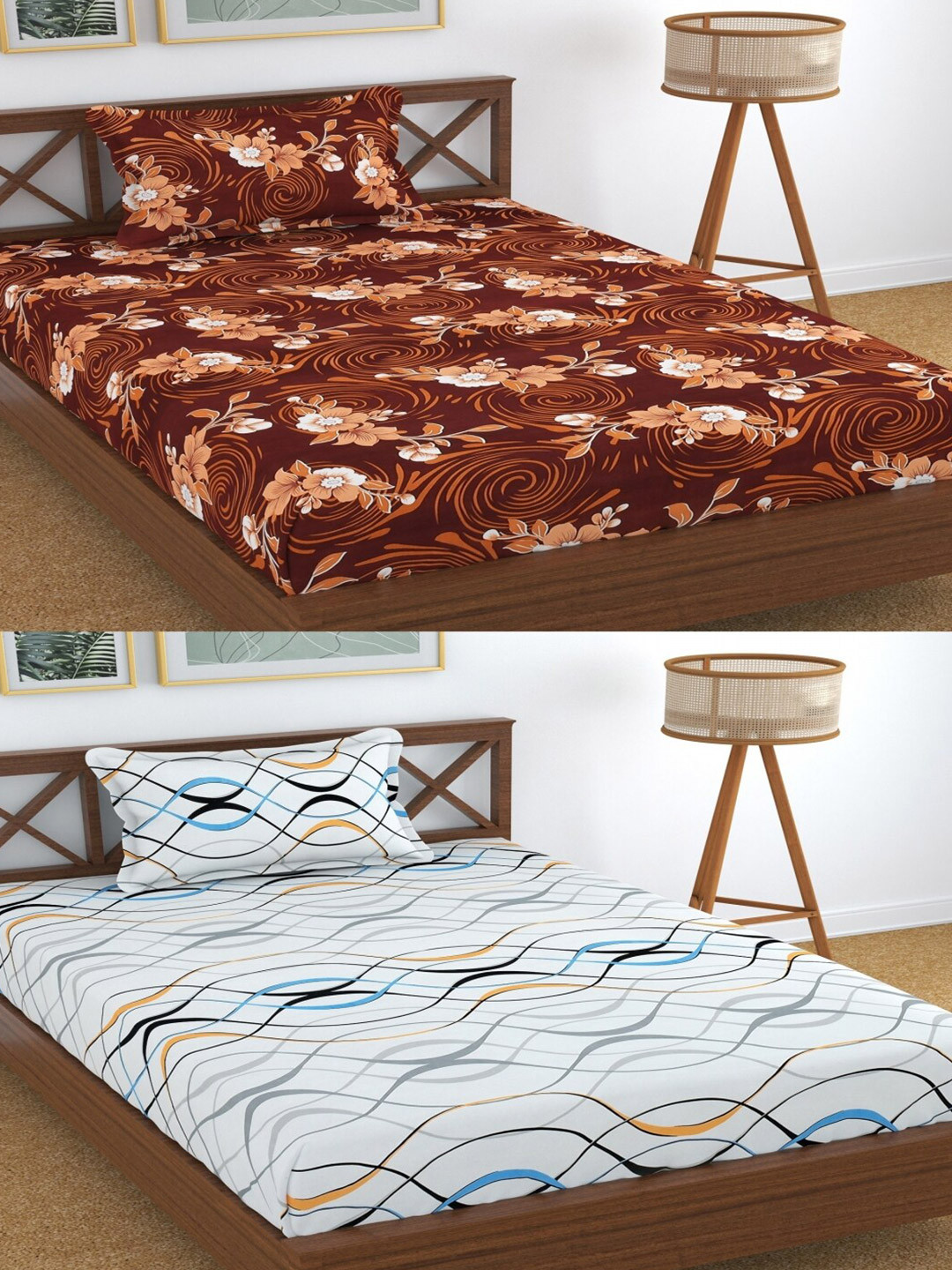 Aura Lumiere Brown Floral Microfiber 180 TC Single Fine 2 Bedsheet with 2 Pillow Covers-225 x 145 cm