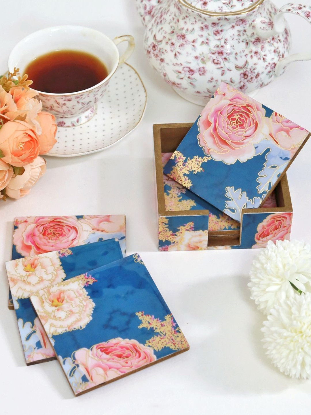 CasaGold 6-Pcs Blue& Pink Printed Square Shaped Coasters With Stand