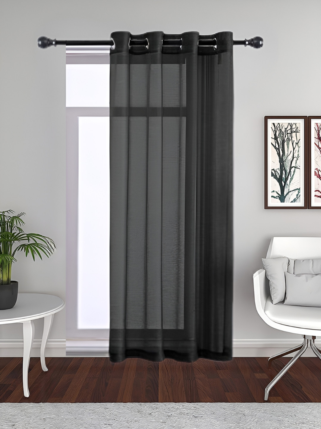 THE CONVERSION Black Linen With Slub Textured Sheer Long Door Curtain