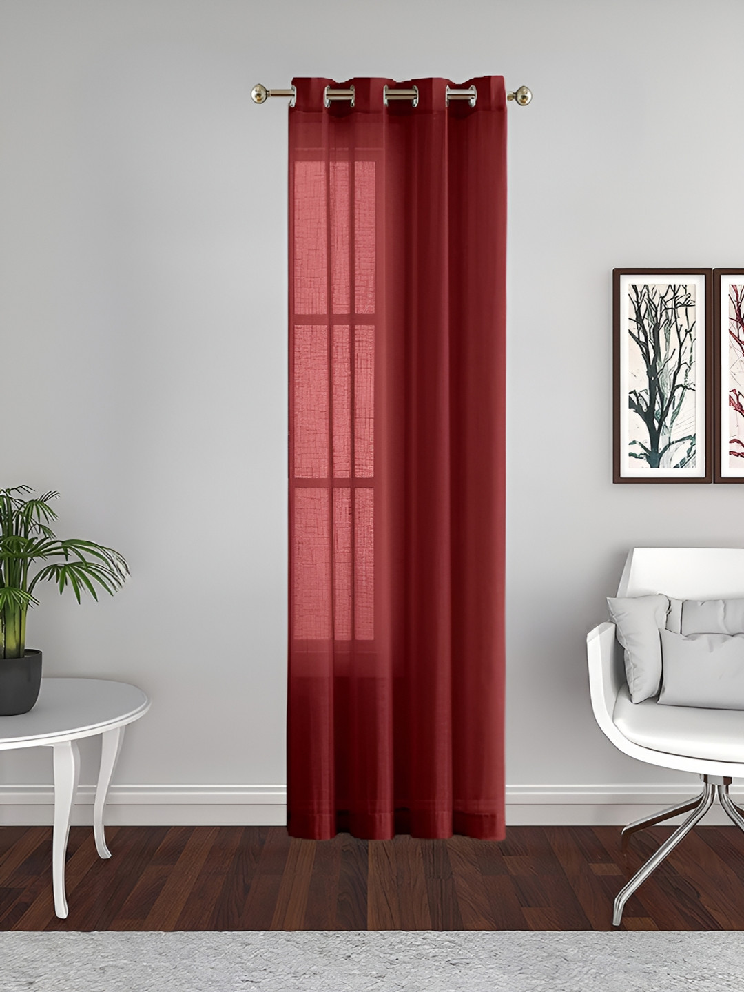 THE CONVERSION Maroon Linen With Slub Textured Sheer Long Door Curtain