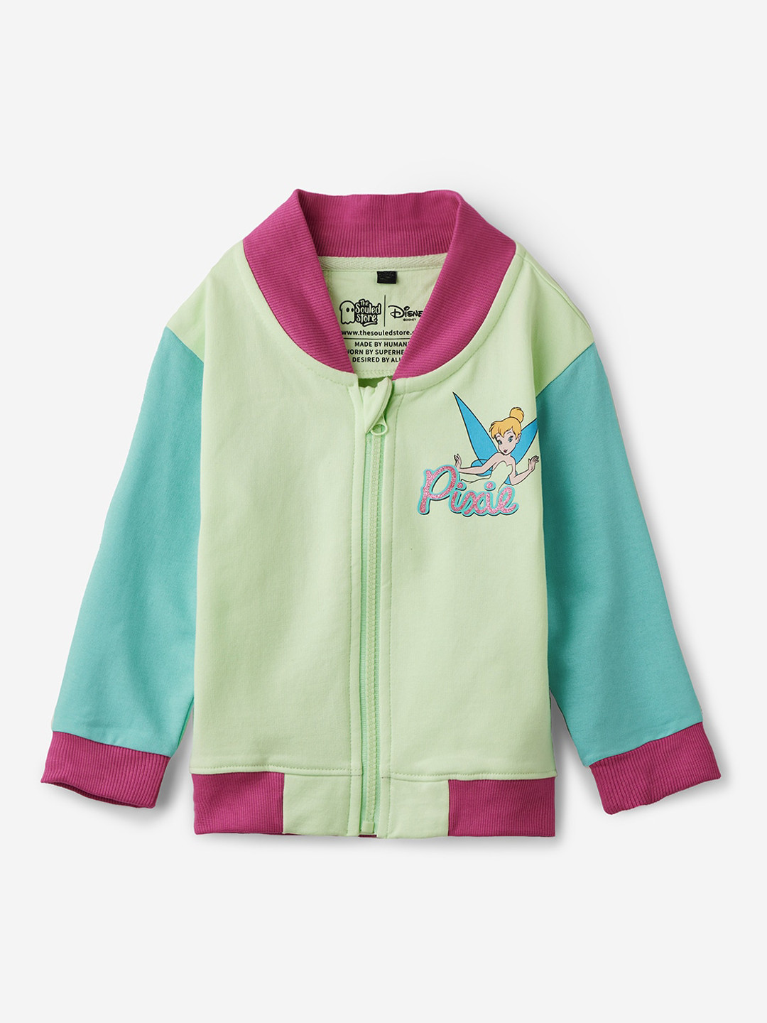 The Souled Store Girls Green Tinker Bell Printed Lightweight Cotton Varsity Jacket