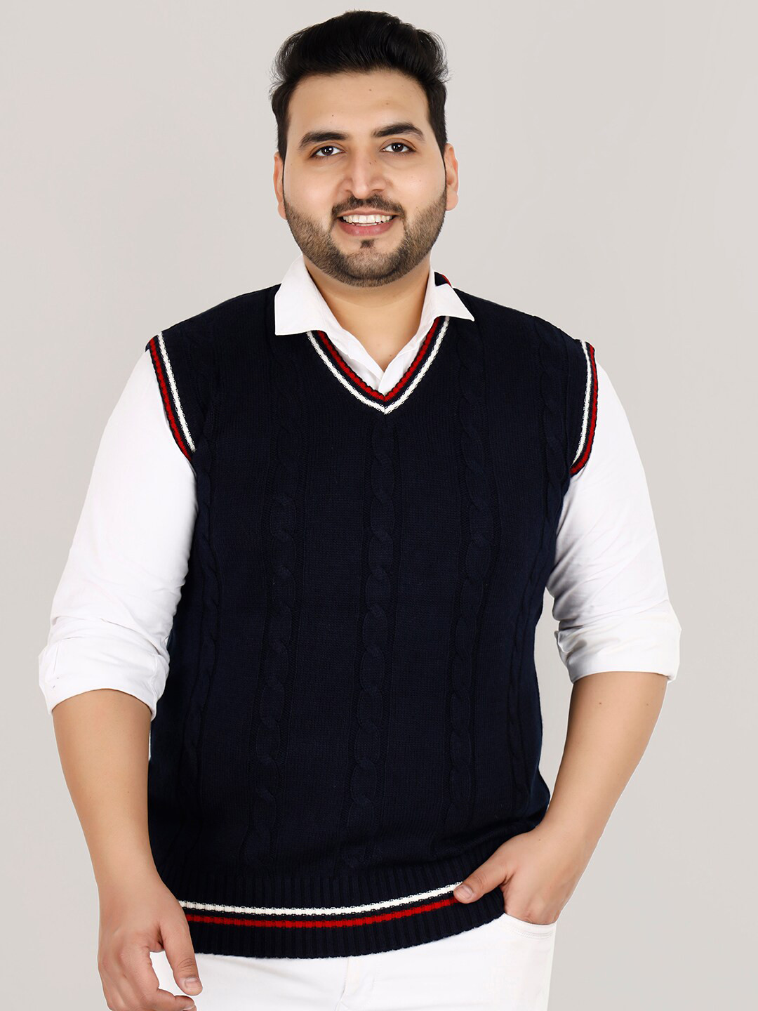 Sztori Plus Size Cable Knit Self Design V-Neck Acrylic Sweater Vest