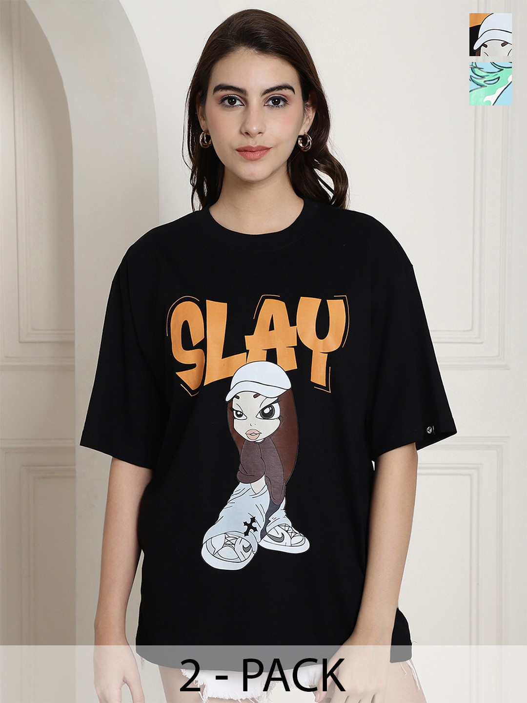 Fabflee Pack of 2 Frozen Printed Drop-Shoulder Sleeves Cotton T-shirt