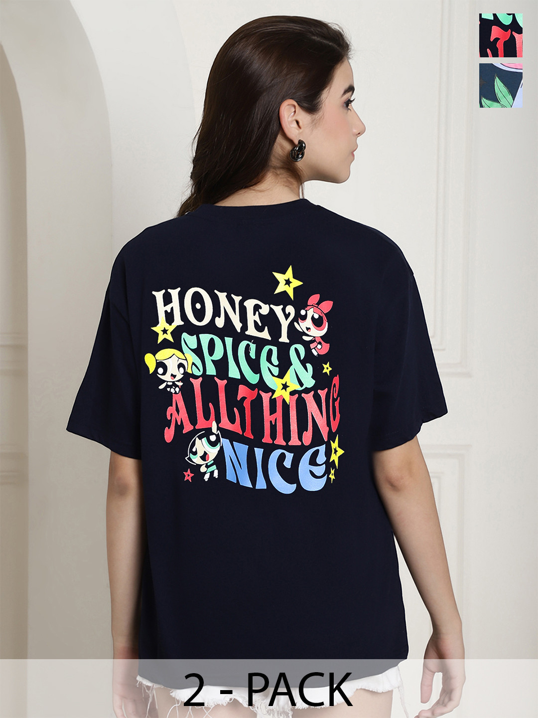 Fabflee Pack Of 2 Graphic Powerpuff Girls Printed Drop-Shoulder Oversizeed Cotton T-Shirts