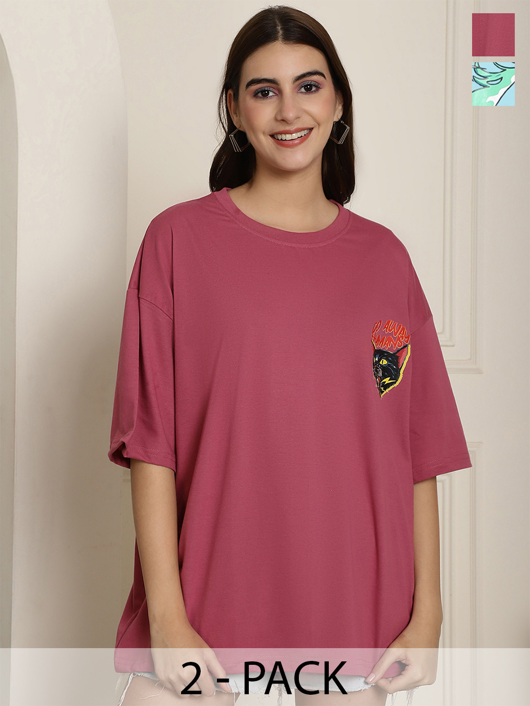 Fabflee Pack Of 2 Printed Cotton Longline Oversized T-shirts