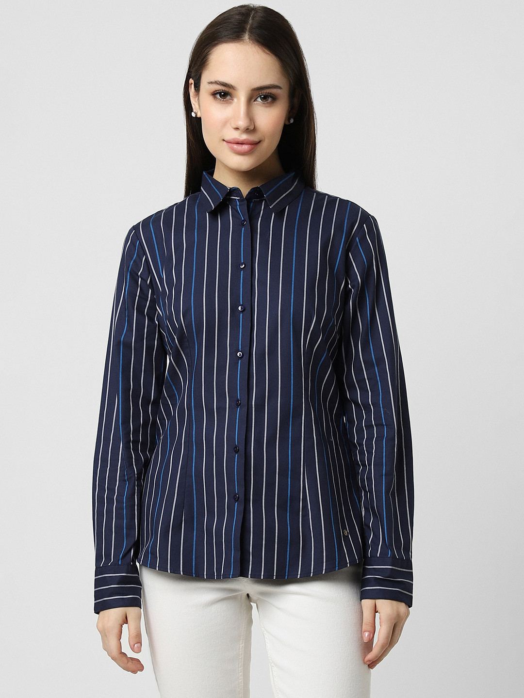 Van Heusen Woman Women Navy Blue Striped Formal Shirt
