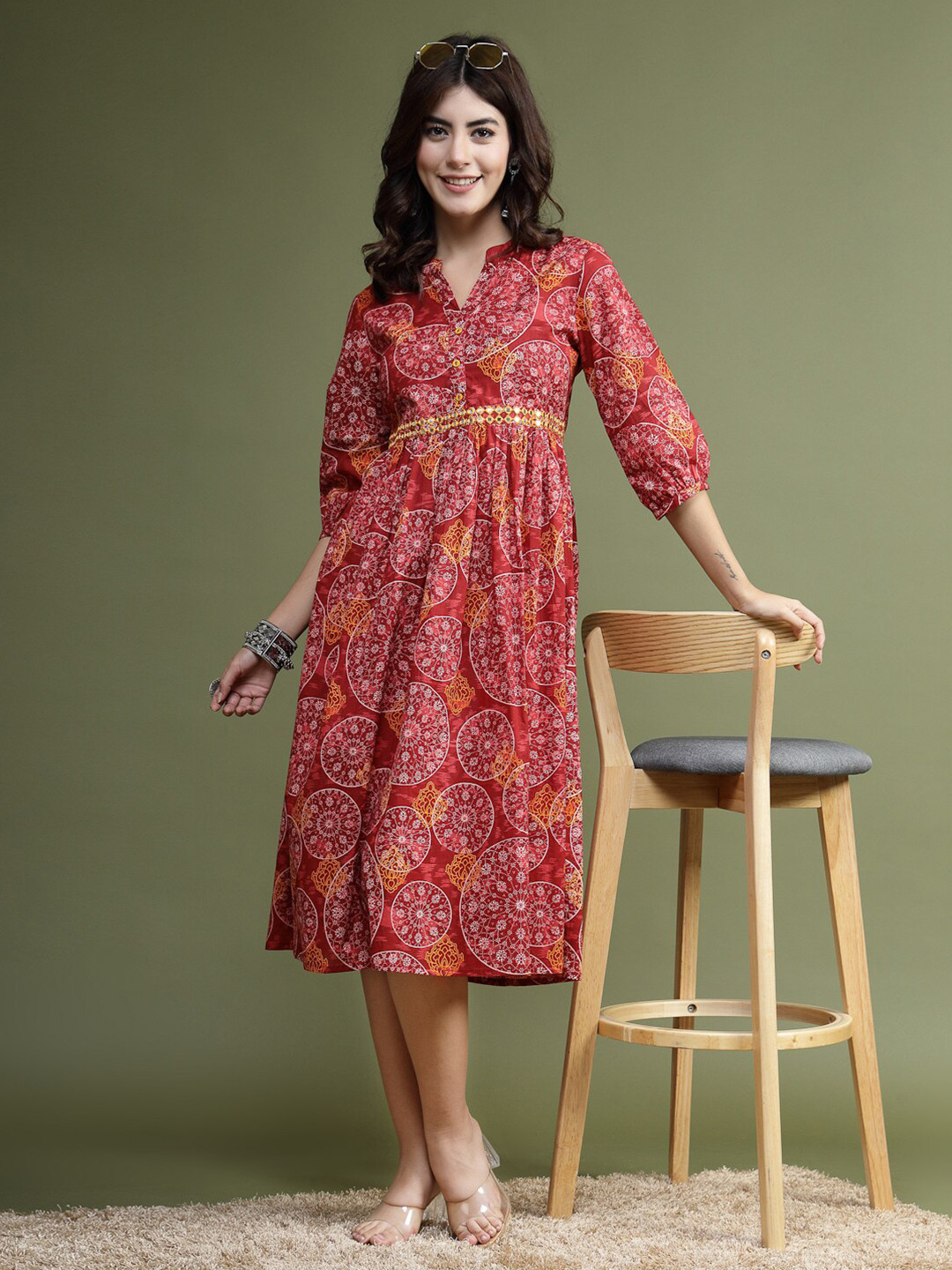 Ramas Ethnic Motifs Printed Mandarin Collar Gathered Cotton A-Line Midi Dress