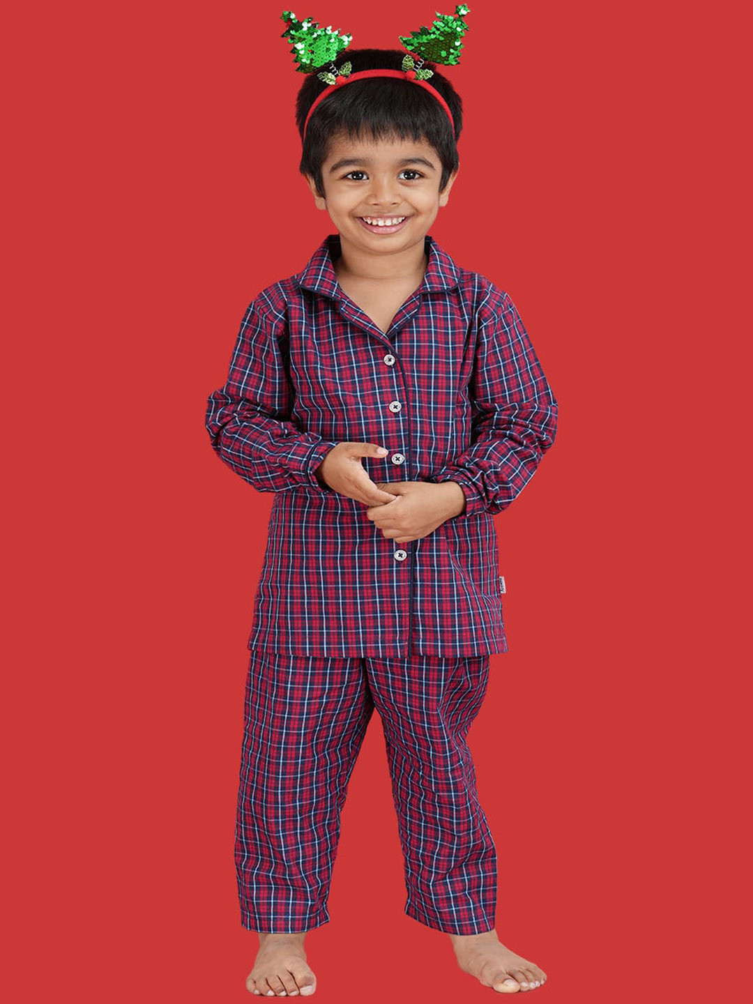 mackly Christmas Kids Checked Pure Cotton Night suit