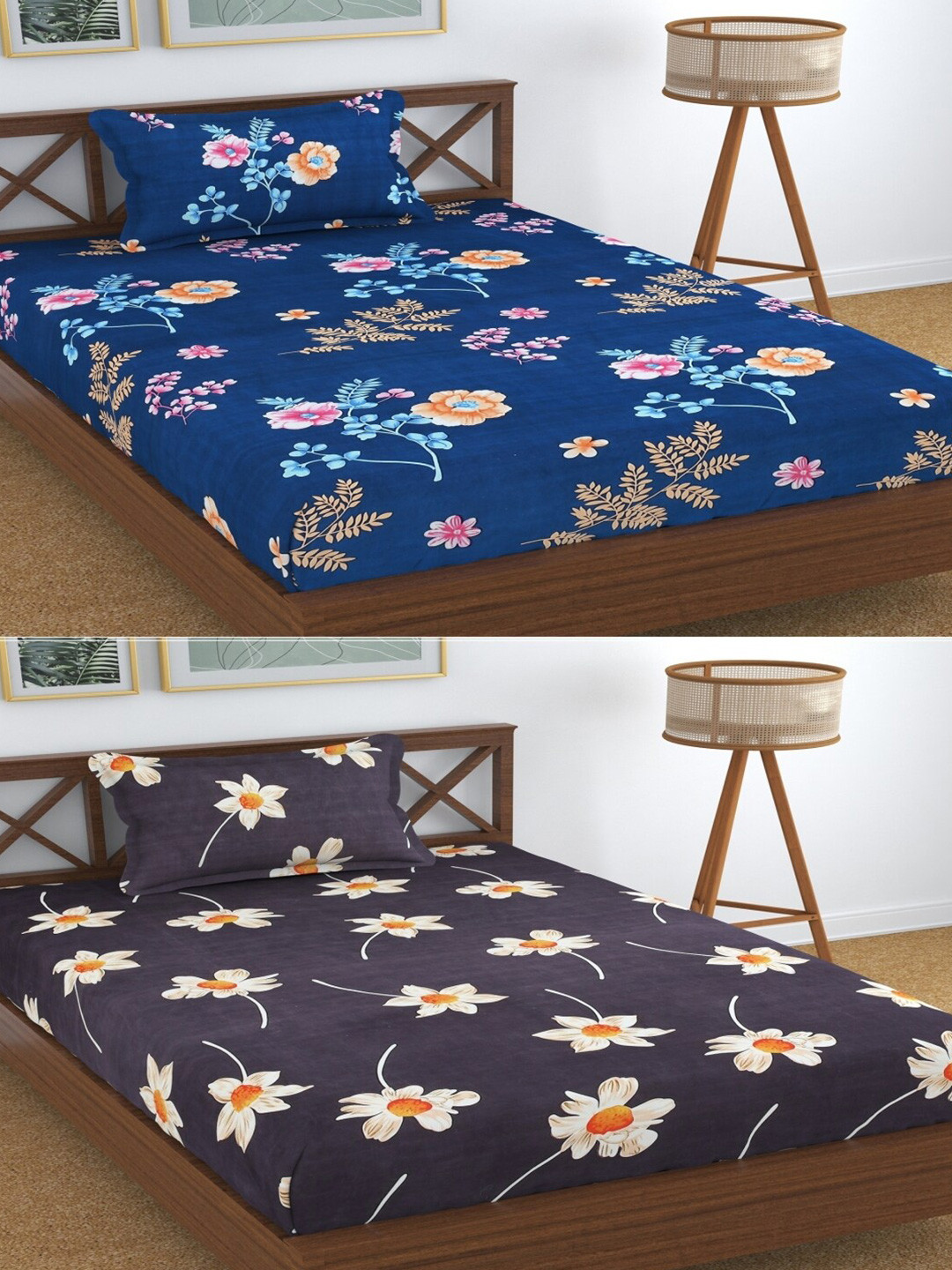 Aura Dreams Blue Floral Microfiber 180 TC Single Fine 2 Bedsheet with 2 Pillow Covers-89 x 57 inches