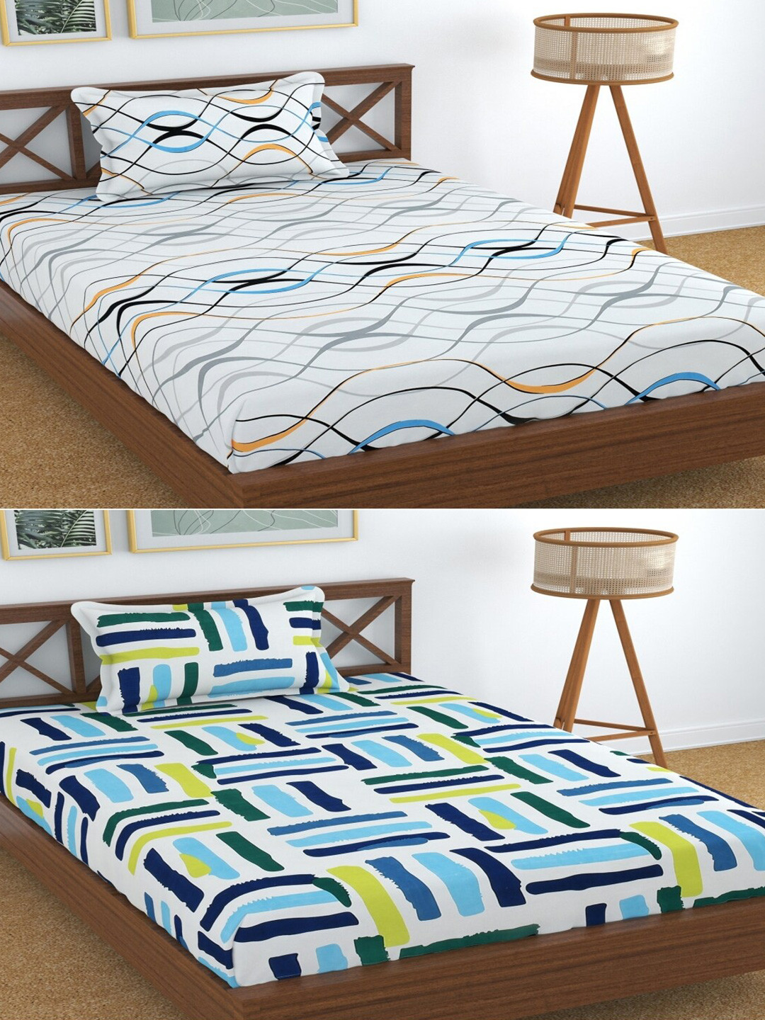 Aura Dreams White Geometric Microfiber 180 TC Single Fine 2 Bedsheet with 2 Pillow Covers-89 x 57 inches