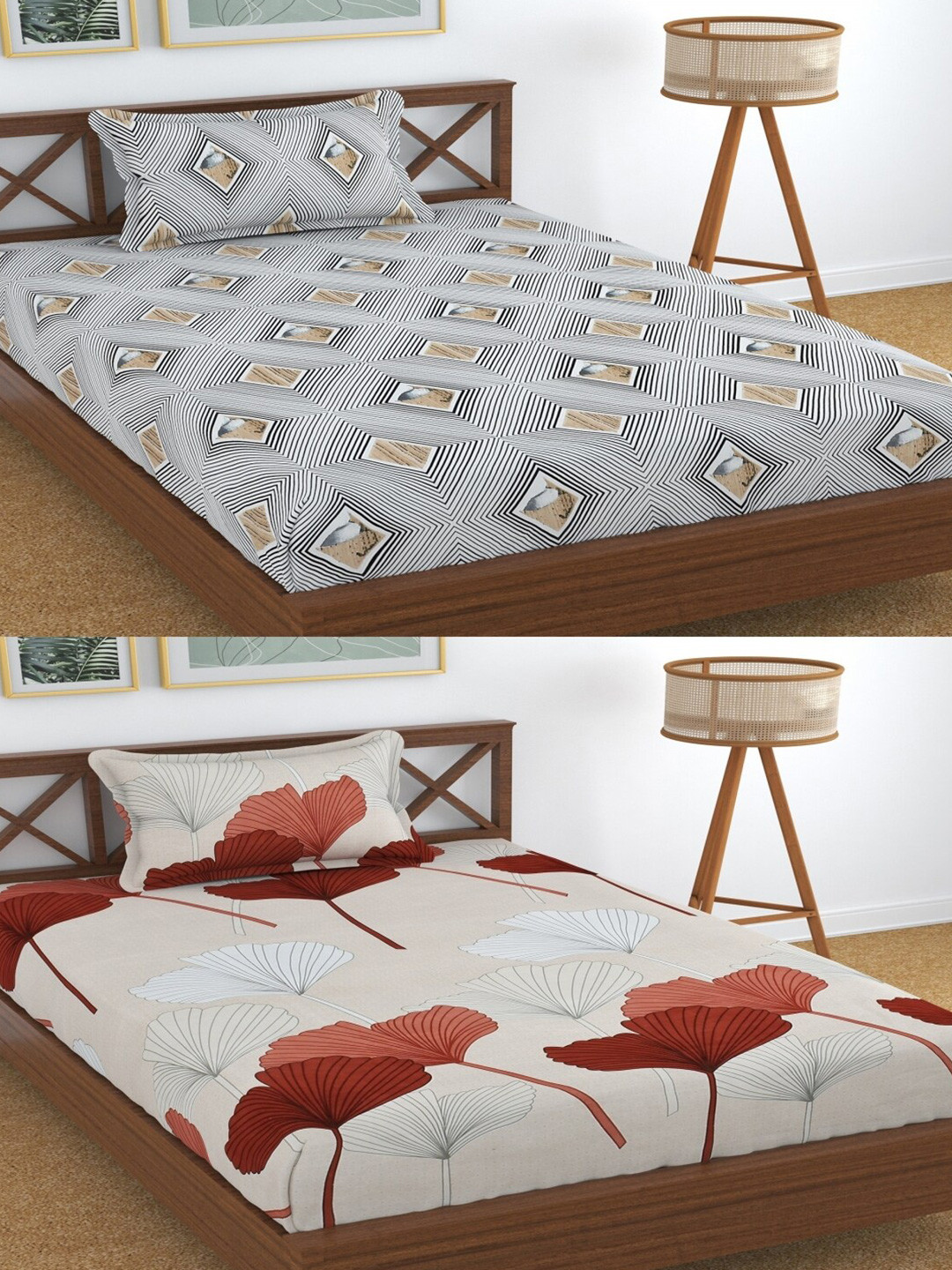 Aura Dreams Beige Floral Microfiber 180 TC Single Fine 2 Bedsheet with 2 Pillow Covers-89 x 57 inches