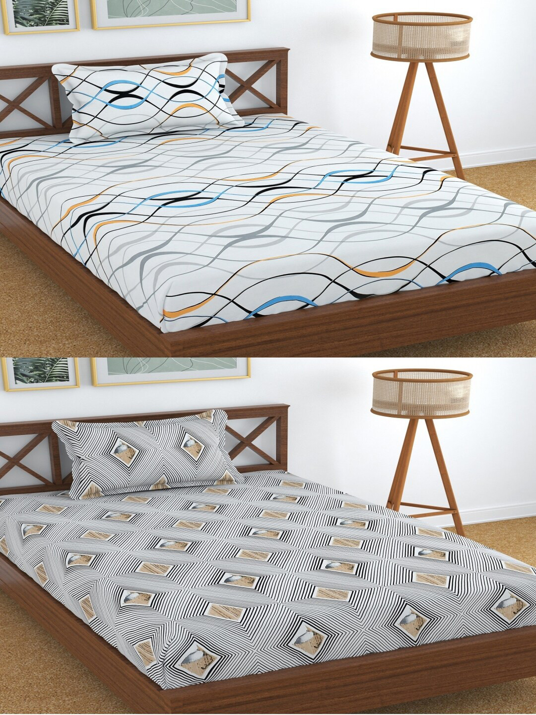 Aura White Geometric Microfiber 180 TC Single Fine 2 Bedsheet with 2 Pillow Covers-225 x 150 cm