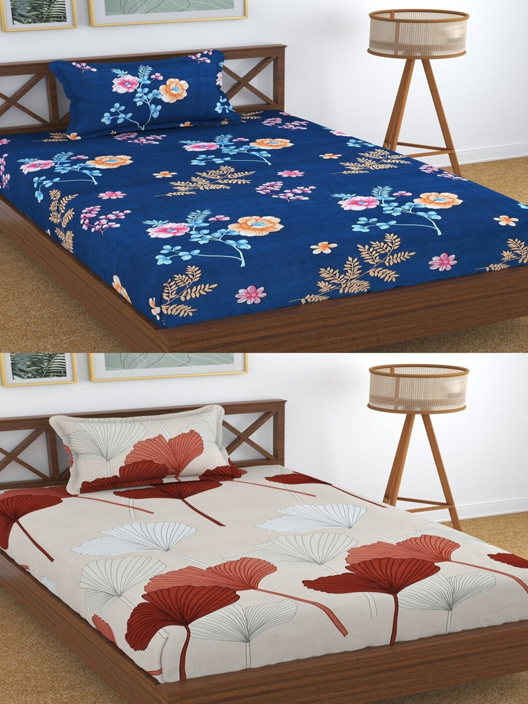Aura Blue Floral Microfiber 180 TC Single Fine 2 Bedsheet with 2 Pillow Covers-89 x 57 inches