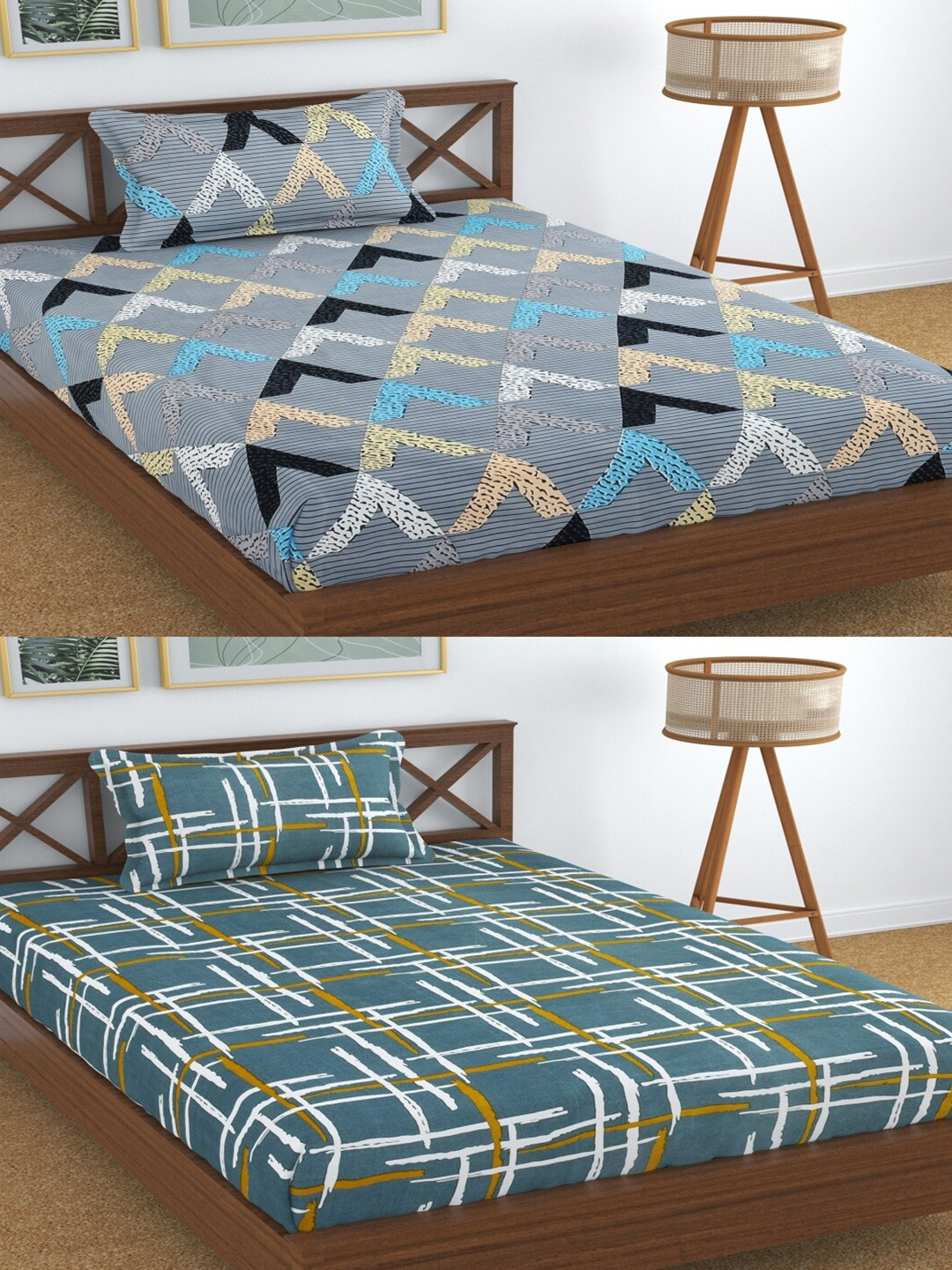 Aura Dreams Grey Geometric Microfiber 180 TC Single Fine 2 Bedsheet with 2 Pillow Covers-225 x 145 cm
