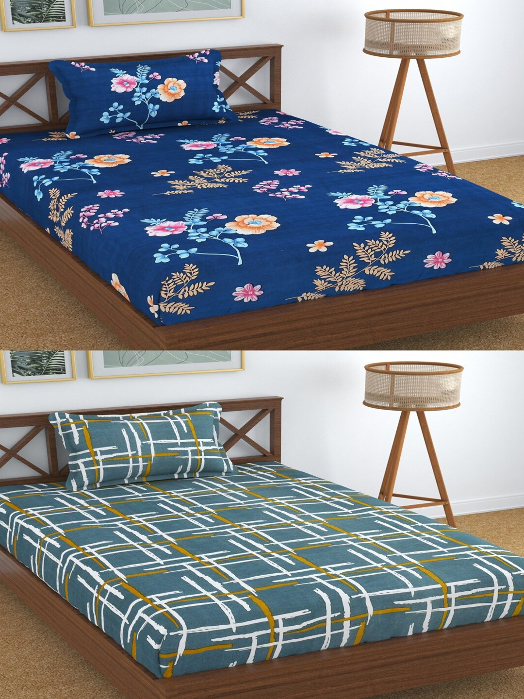 Aura Blue Floral Microfiber 180 TC Single Fine 2 Bedsheet with 2 Pillow Covers-89 x 57 inches