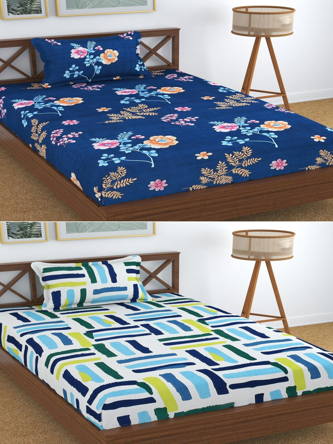 Aura Blue Floral Microfiber 180 TC Single Fine 2 Bedsheet with 2 Pillow Covers-89 x 57 inches