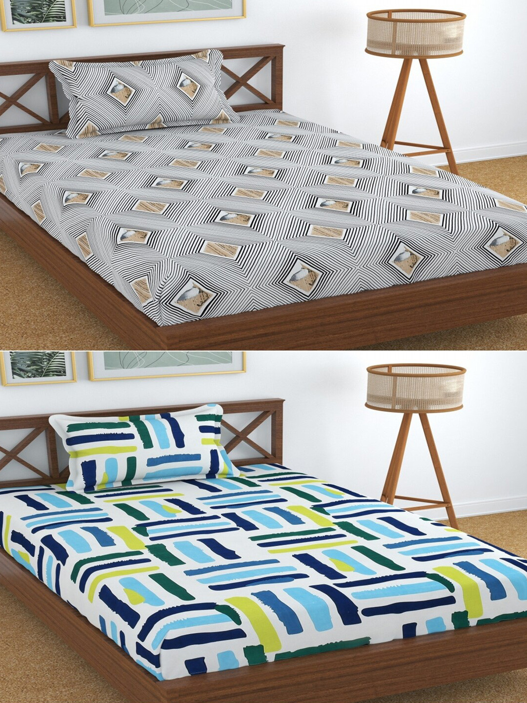Aura Dreams White Geometric Microfiber 180 TC Single Fine 2 Bedsheet with 2 Pillow Covers-89 x 57 inches