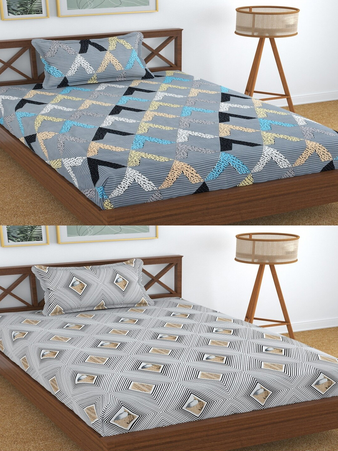 Aura Dreams Grey Geometric Microfiber 180 TC Single Fine 2 Bedsheet with 2 Pillow Covers-89 x 57 inches