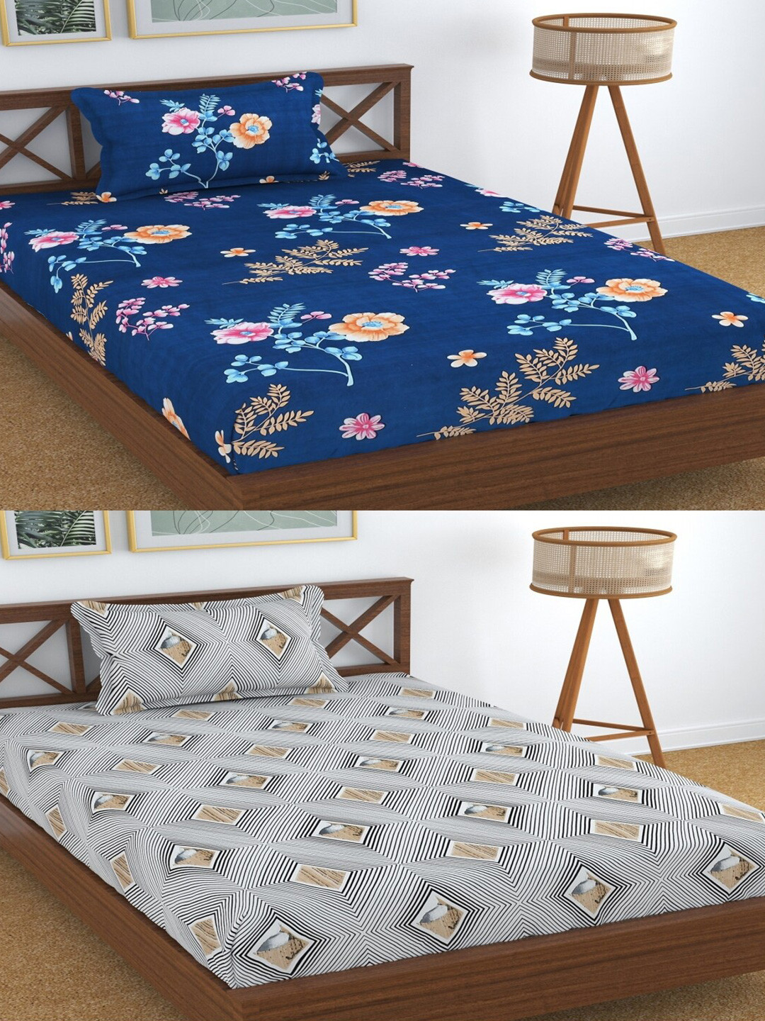 Aura Blue Floral Microfiber 180 TC Single Fine 2 Bedsheet with 2 Pillow Covers-89 x 57 inches
