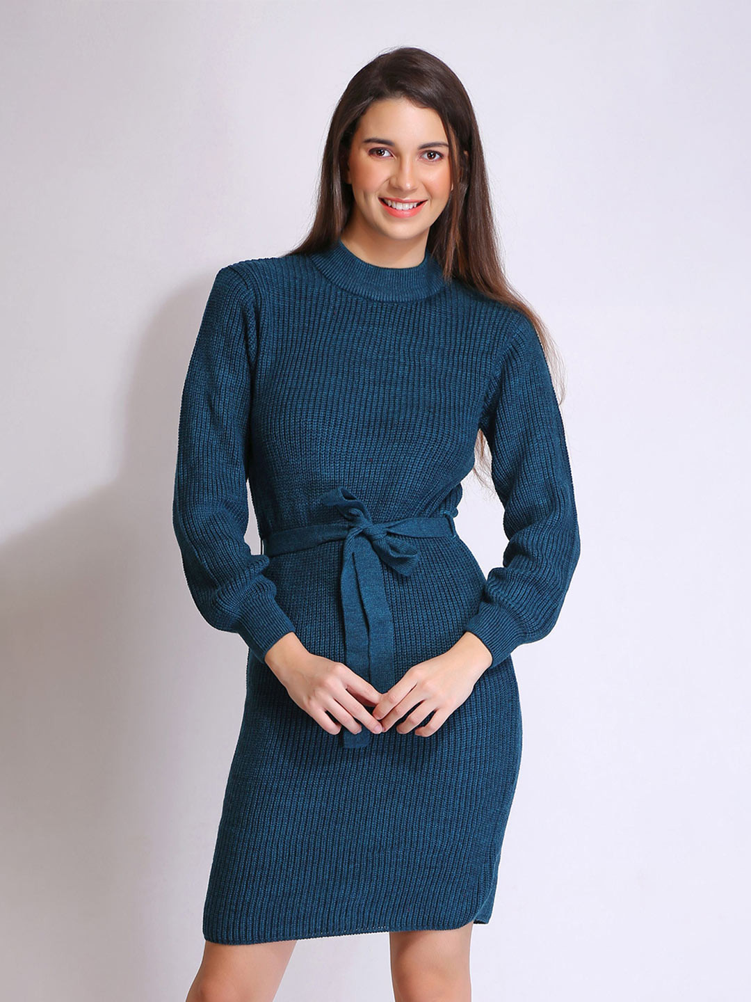 Chemistry Ribbed High Neck Belted Sweater Dress
